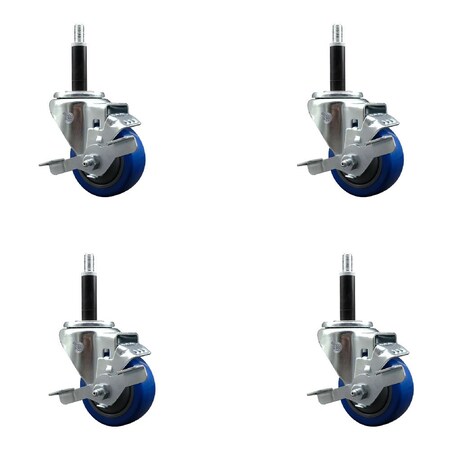 Service Caster 3'' Blue Poly Swivel 3/4'' Expanding Stem Caster Set with Brake, 4PK SCC-EX20S314-PPUB-BLUE-TLB-34-4
